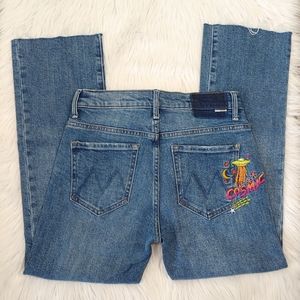 New Mother jeans Cosmic embroidery Looker Ankle Fray